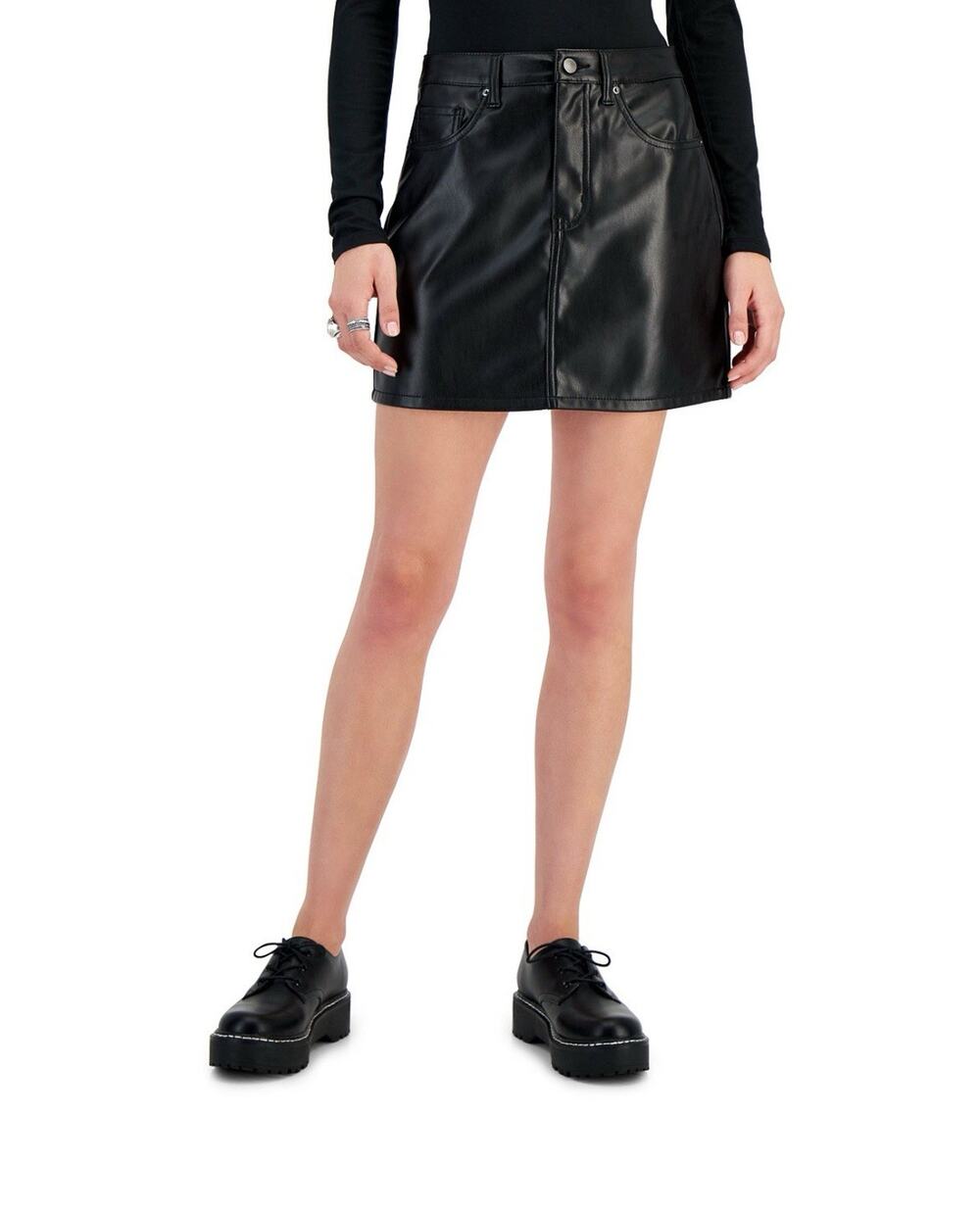 Tinseltown High-Rise Faux-Leather Five-Pocket Mini Skirt Black Juniors' 13